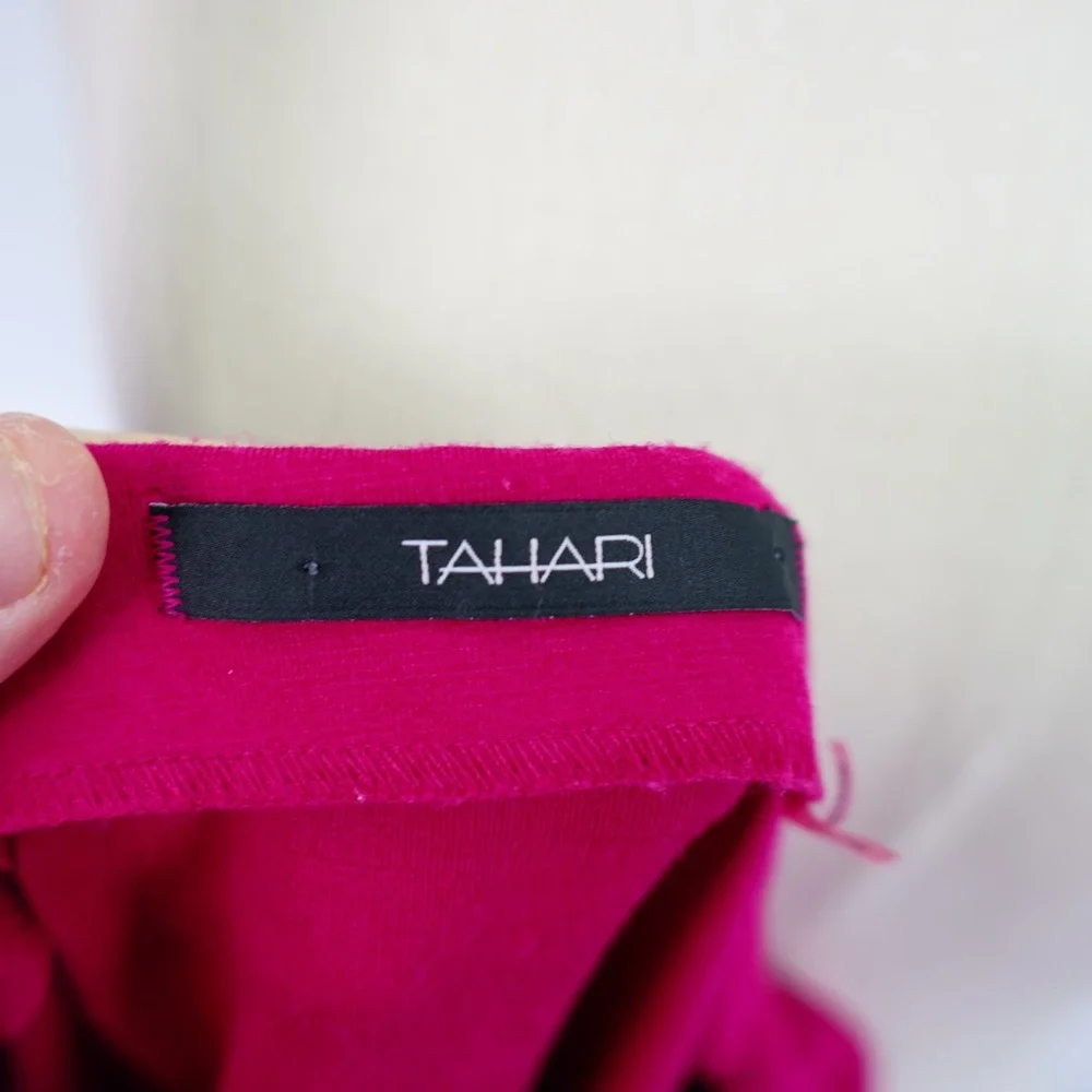 Tahari -Large- Hot Pink Peplum Top Blouse Boat Neck Short Sleeve Waist Flare - Picture 6 of 7
